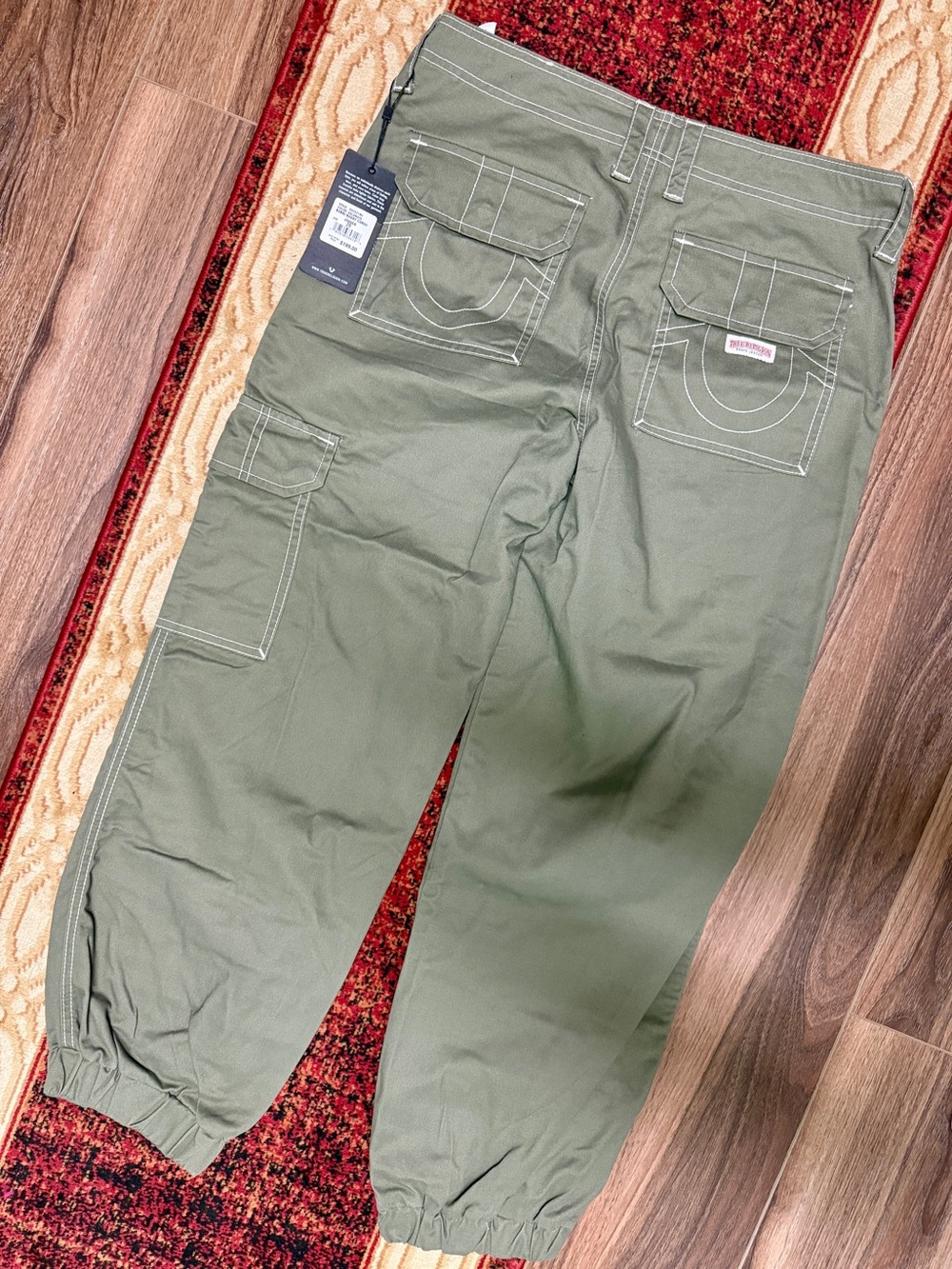 True Religion Olive Cargo Pants with White Topstitching